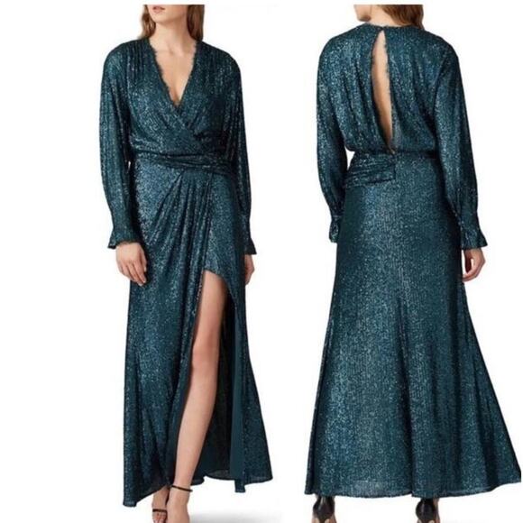 JONATHAN SIMKHAI Sequin Embroidered Long Sleeve Draped Front Marine Gown Size 2 - Picture 1 of 14